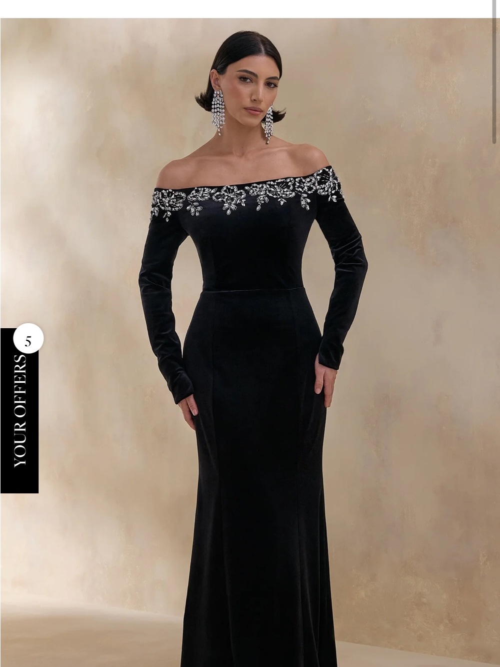 Black Off-Shoulder Velvet Evening Gown with Crystal Embellishment